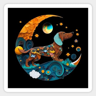 Dachshund Dog Fantasy Cute Crescent Moon Paper Quilling Digital Painting Magnet